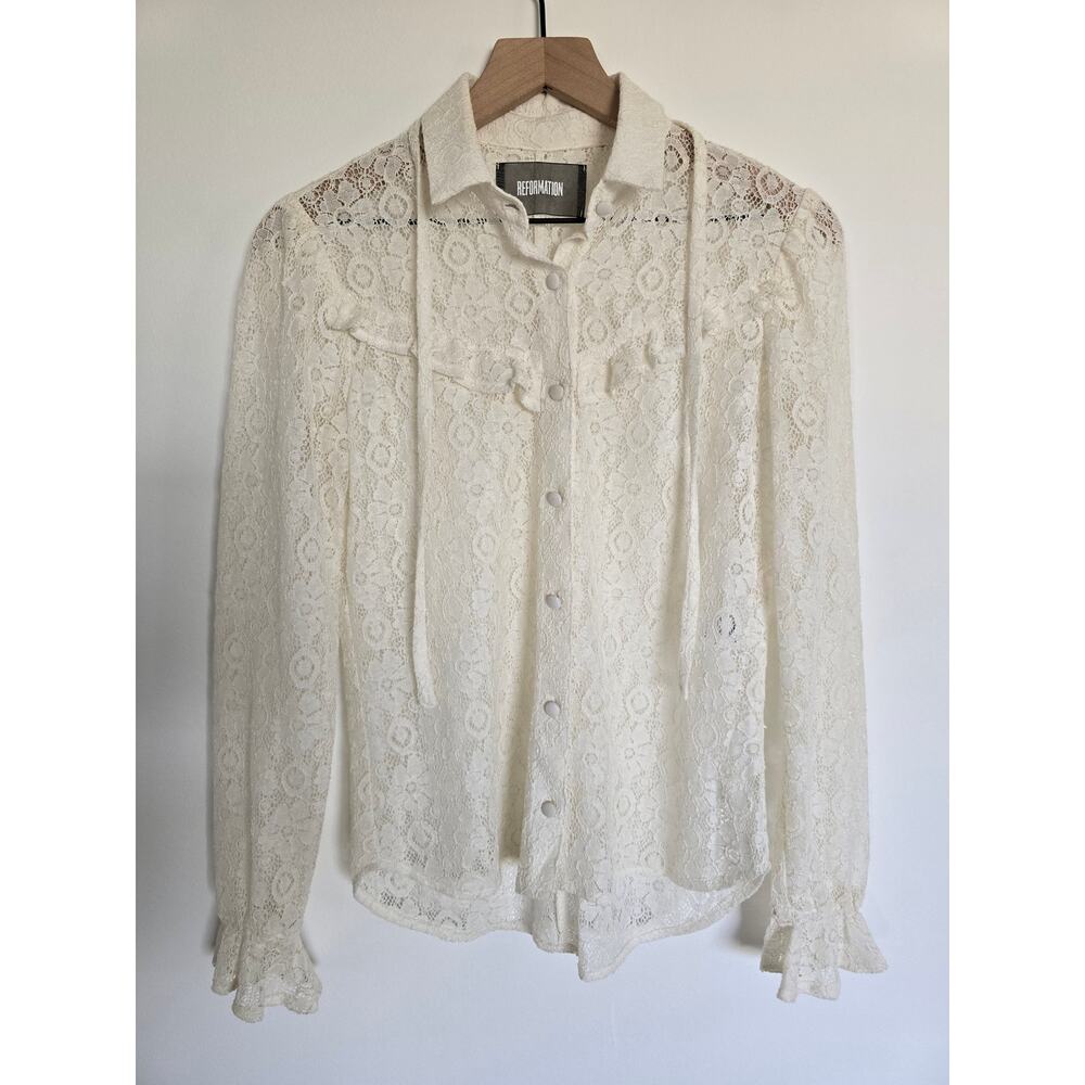 Reformation White Sheer Lace Button Down Blouse Small Romantic Top